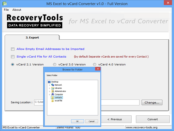 select destination path to save vcf file