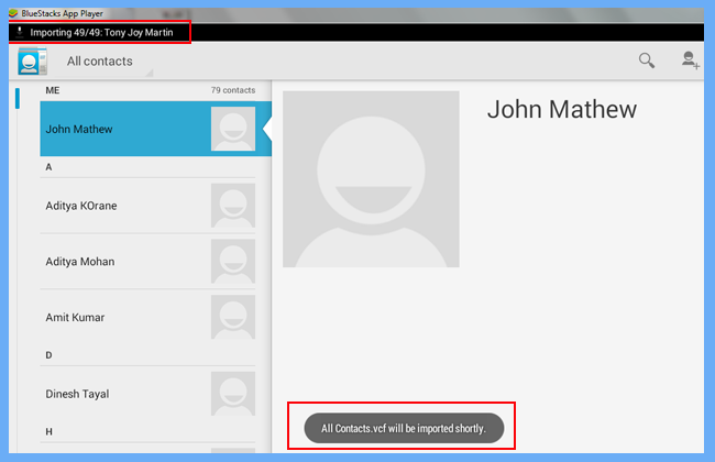 Allcontacts.vcf will be imported shortly