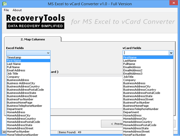 map excel fields with vcard fields in simple way