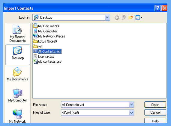 add vcf file to start importing contacts in notes address book