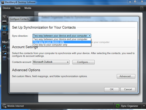 set configuration and import contacts from excel file into blackberry