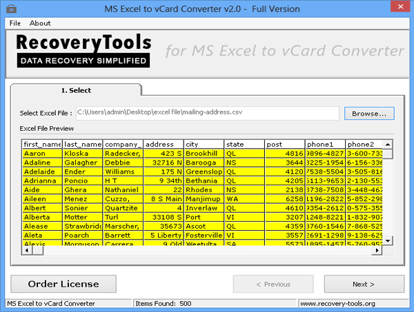 browse excel file to convert it into VCF file for importing the contacts data into Blackberry phone