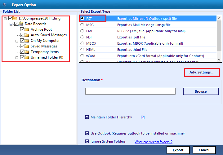 Select Export Type